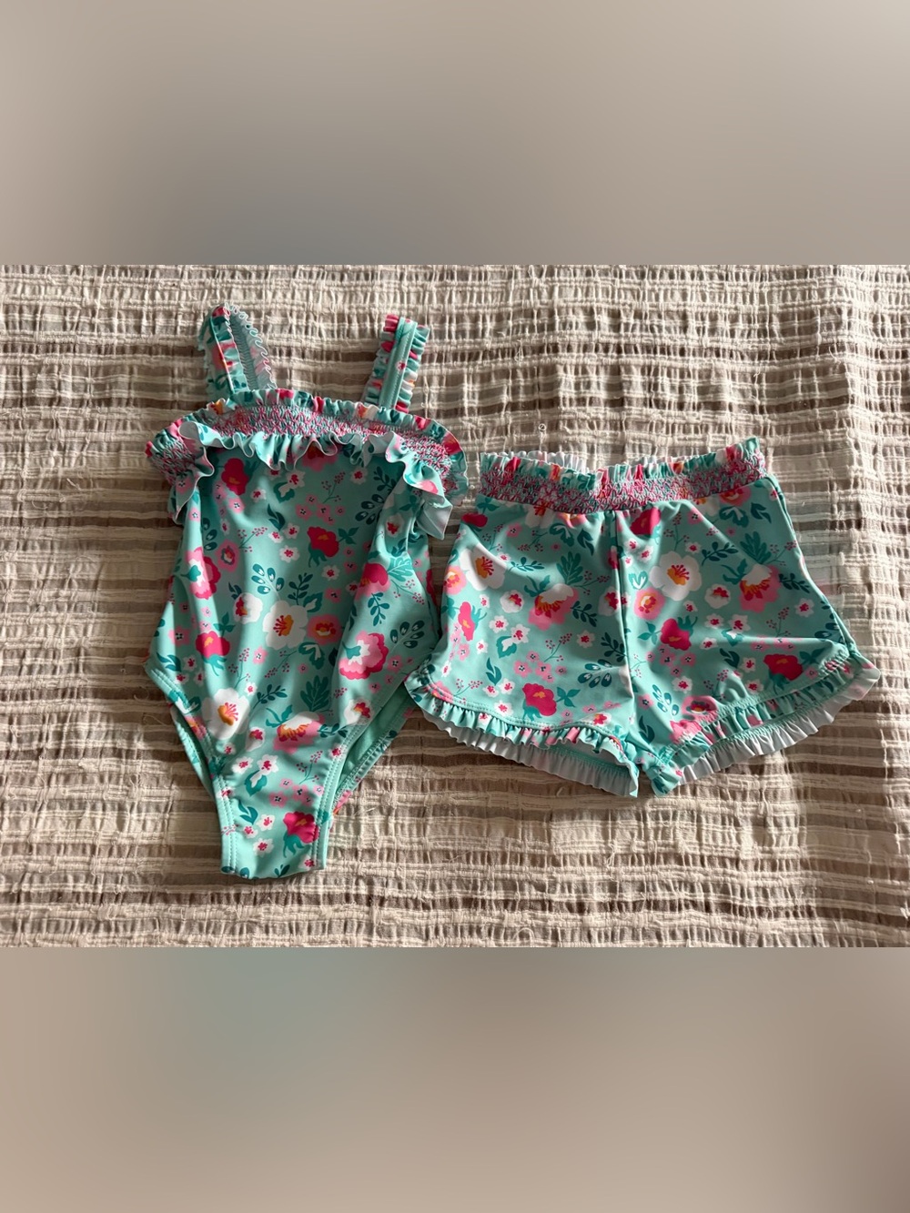 Catherine Malandrino Girls Aqua Floral Ruffle One-Piece & Shorts Swim Set